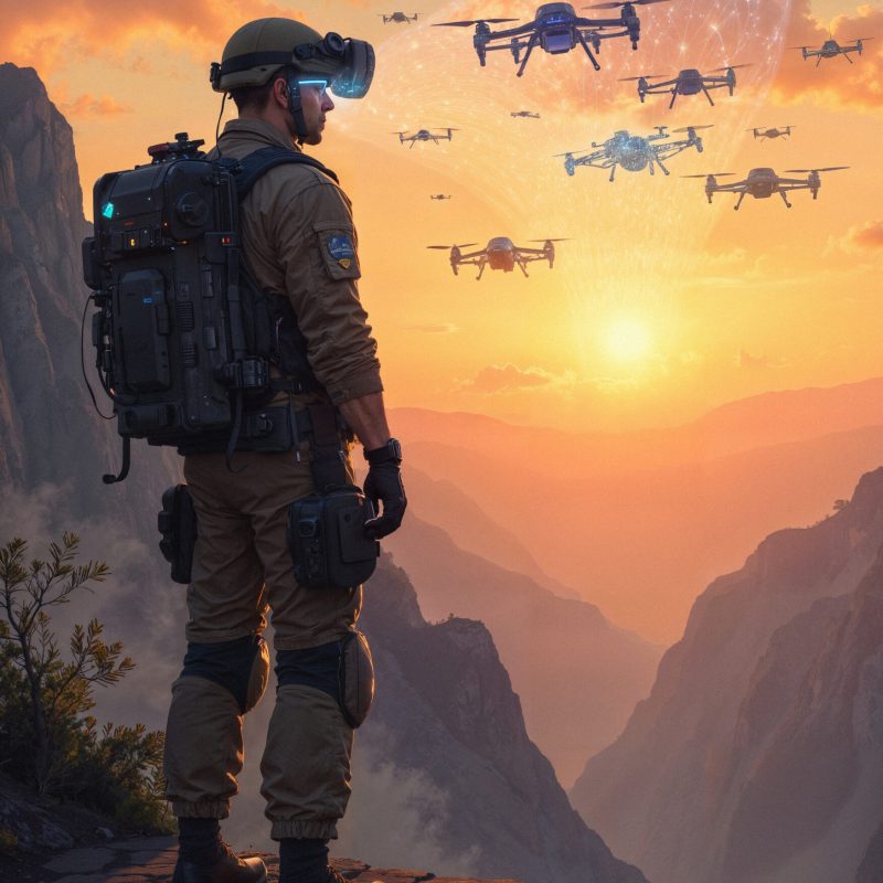 soldier-futuristic-gear-watching-drones-sunset